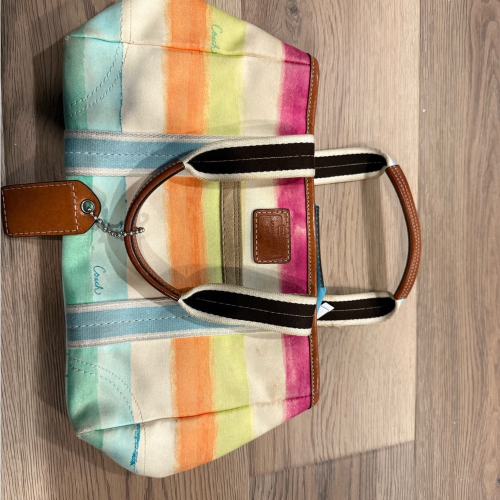 Coach Rainbow Stripe Canvas Tote with Leather Trim